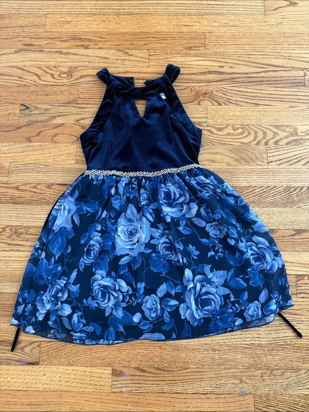Speechless Navy Blue Floral Velvet Bodice Party Dress